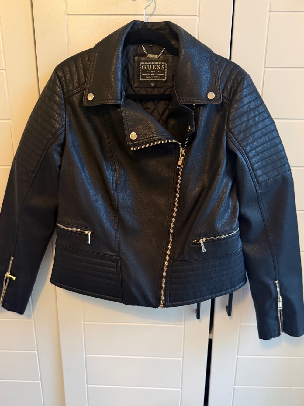 Guess Black Quilted Faux-Leather Moto Jacket